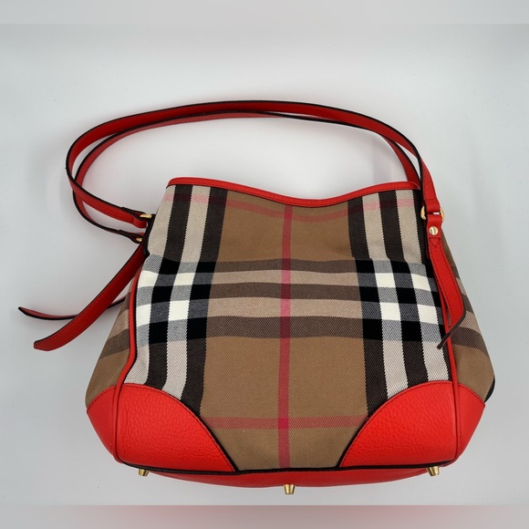 Auth Burberry House Check Canterbury canvas leather orange bag tote purse - Picture 7 of 16